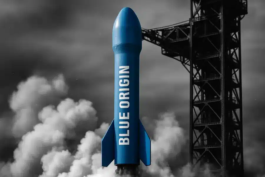 Rocket on a launch pad with smoke from engines visible.