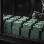 Stacks of dollar bills behind a glass window.
