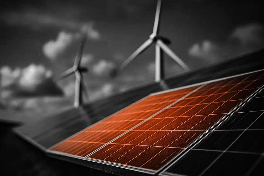 A field of solar panels and wind turbines.