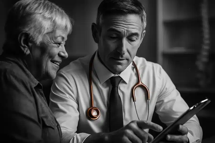A healthcare professional discussing with a patient.
