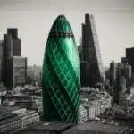 Skyline of London with prominent financial district buildings.
