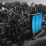 Fortnite game environment showcasing a vibrant virtual landscape with buildings, trees, and various structures.