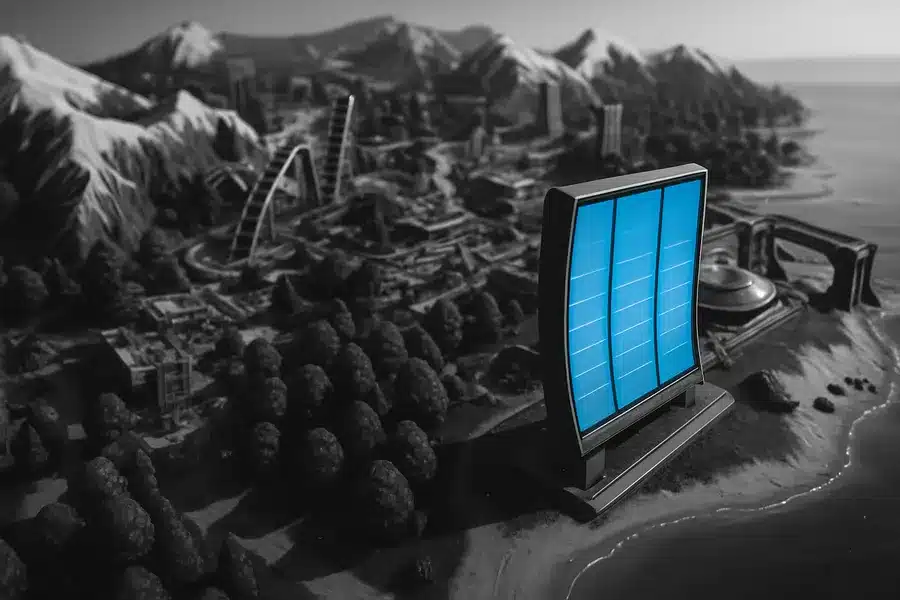 Fortnite game environment showcasing a vibrant virtual landscape with buildings, trees, and various structures.