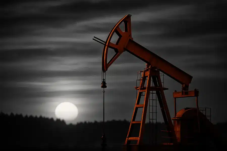 Silhouette of an oil pump jack against a sunset.