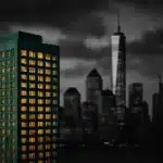 Financial district skyline with prominent skyscrapers.