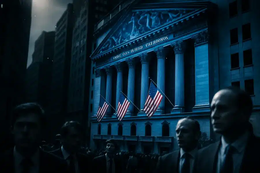 New York Stock Exchange building with people in the foreground.