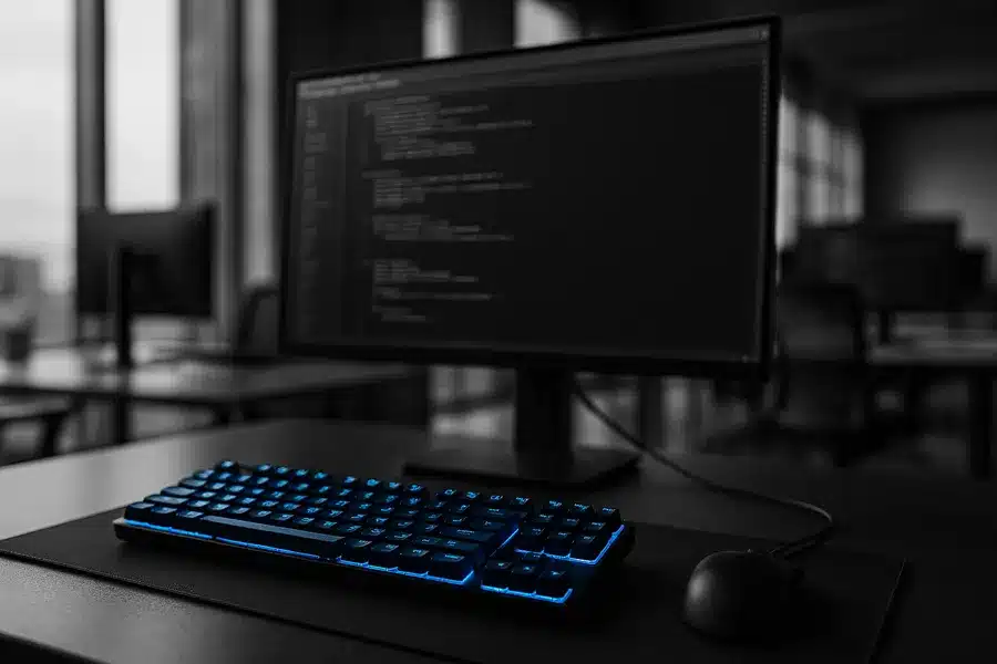 An array of computer monitors displaying code in a modern office setting.
