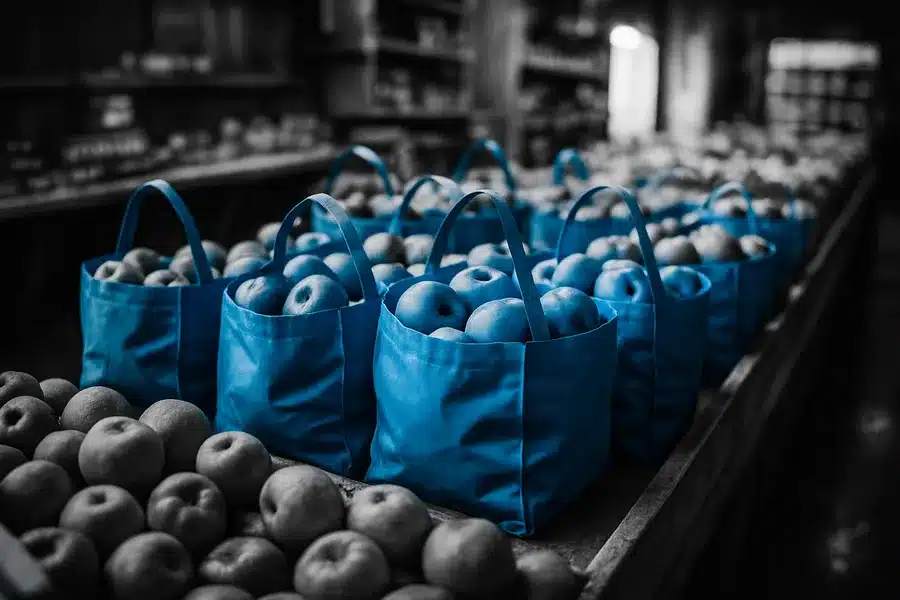 Bags of apples arranged on a market display, showcasing fresh produce.
