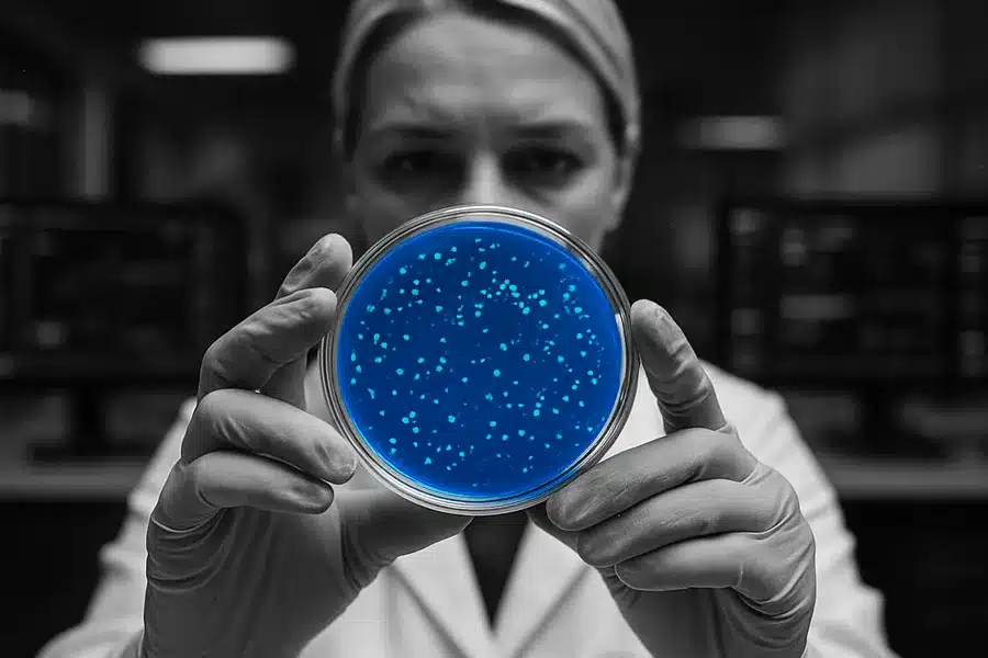 Scientist in a laboratory holding a petri dish with technology screens in the background.
