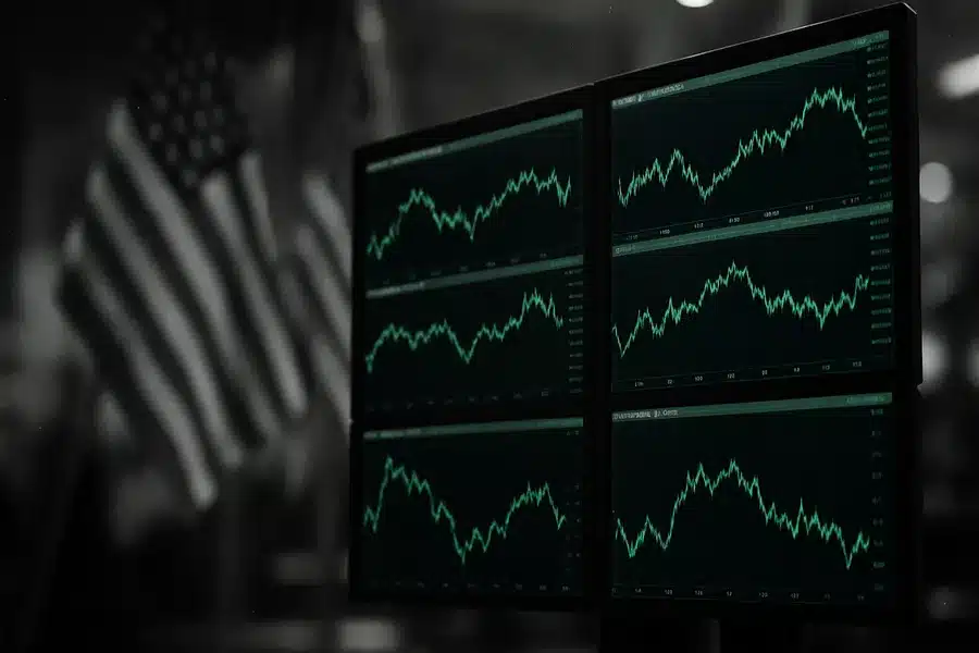 Trading screens displaying financial market data in front of U.S. flags.