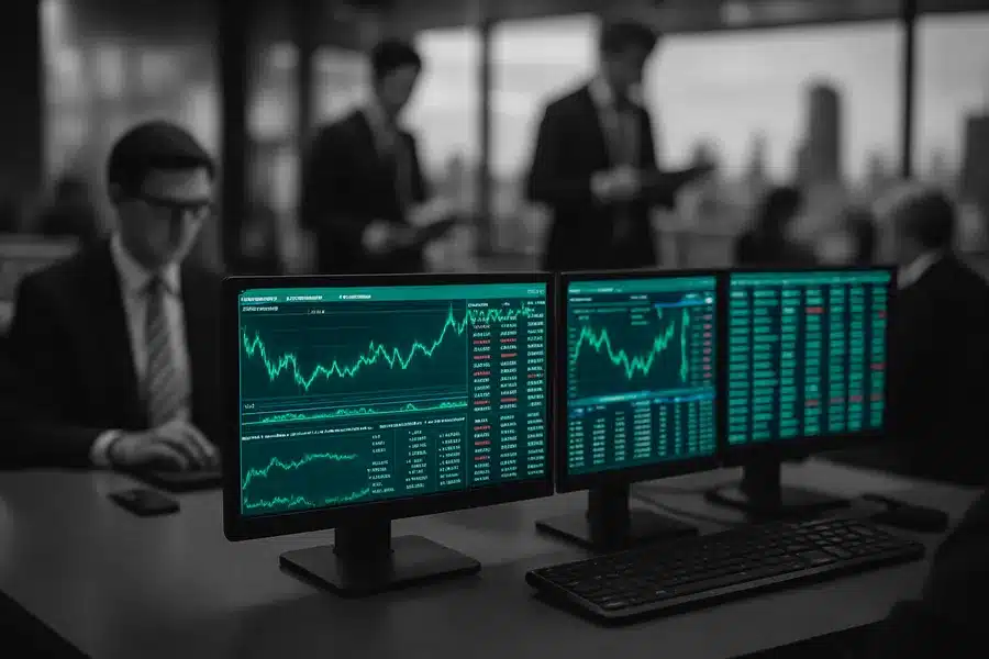 A busy trading floor with multiple screens displaying financial data.