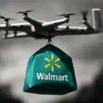 Walmart drone in flight carrying a delivery package.