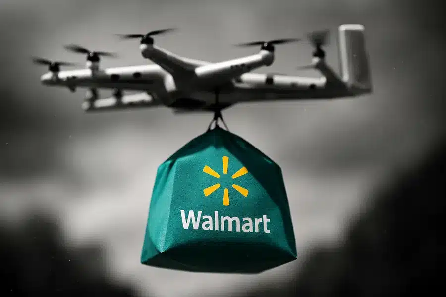 Walmart drone in flight carrying a delivery package.