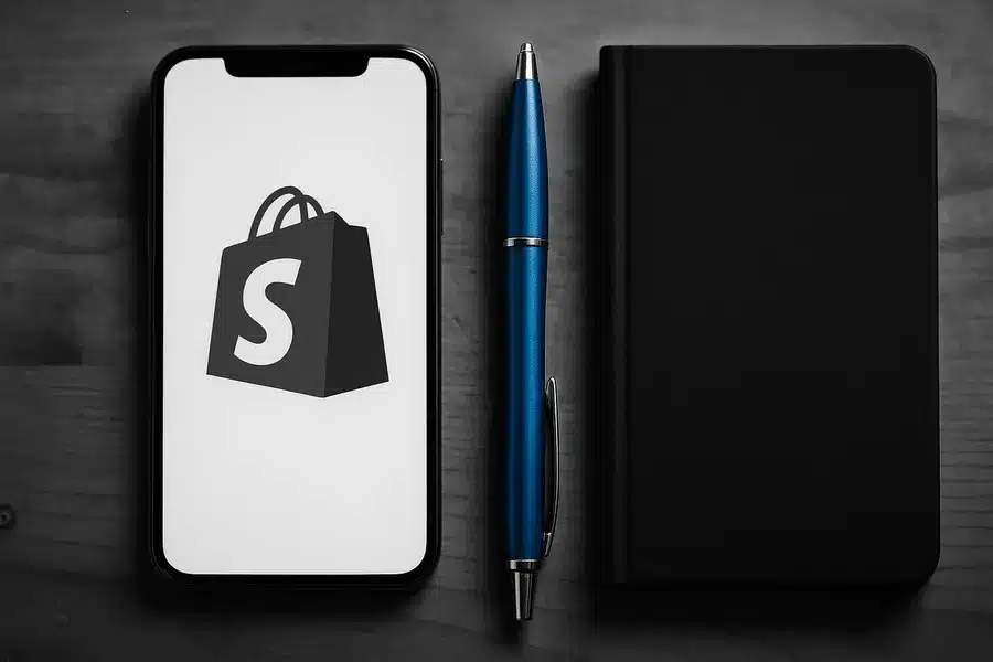 Smartphone displaying the Shopify logo alongside a pen and notebook.