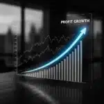 Digital financial graphs indicating profit growth on a conference table.