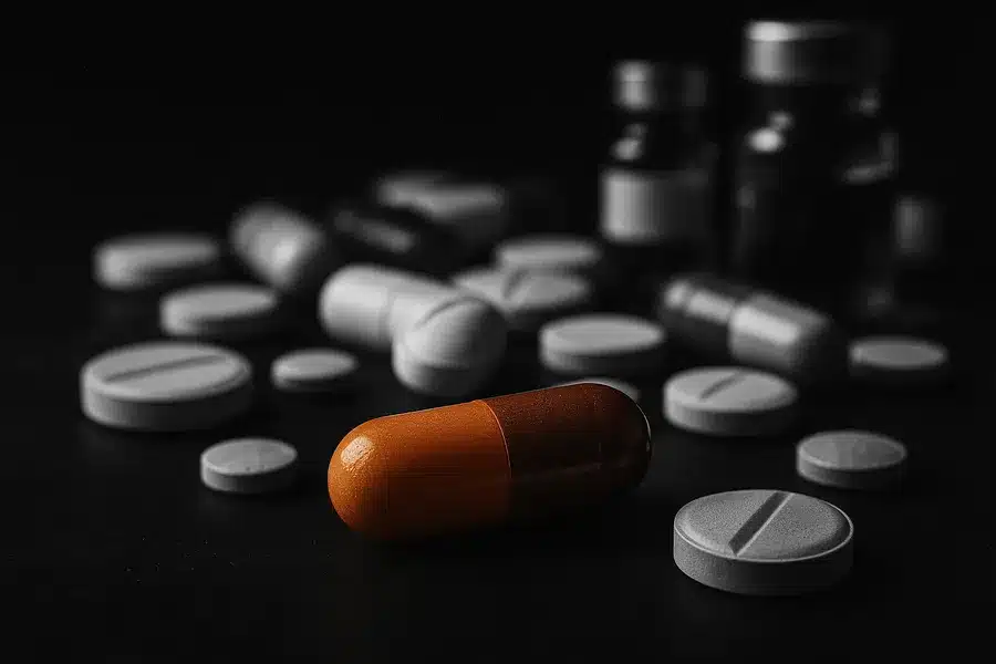 An assortment of pills and capsules alongside medicine vials.