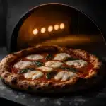 A freshly baked pizza inside a wood-fired oven.