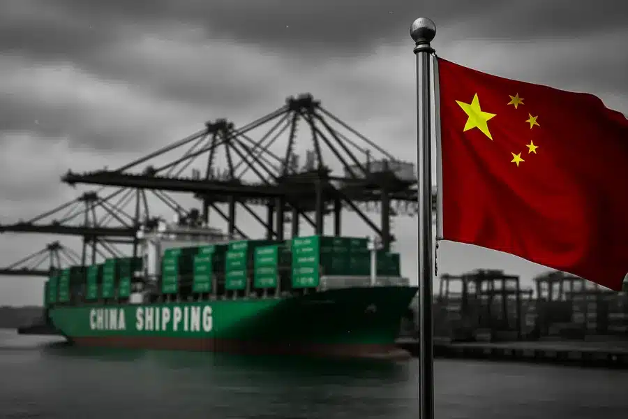 A Chinese national flag with container ships and port cranes in the background.