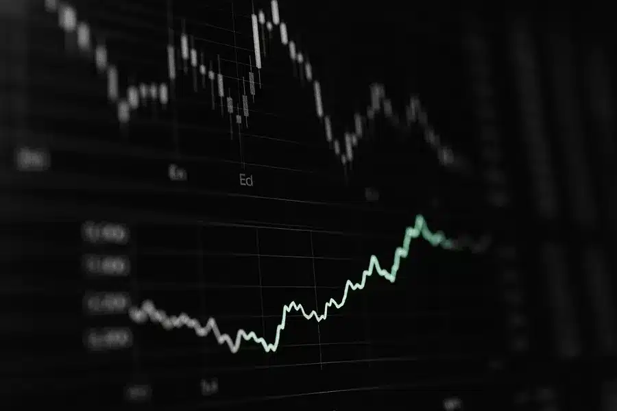 Graph and chart displaying market data on a digital screen.