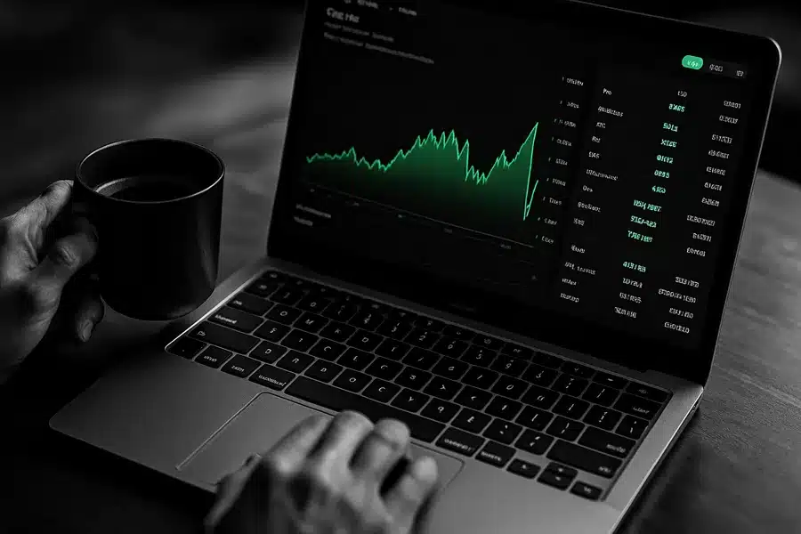 Laptop showing financial data graph.