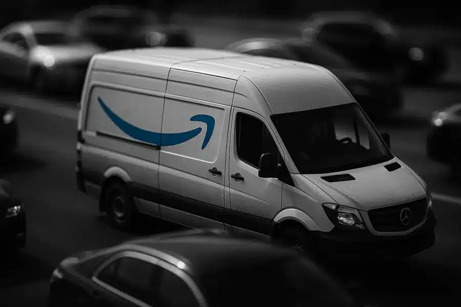 Amazon delivery van in traffic