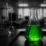 Foreground laboratory equipment, specifically a beaker with a green liquid.