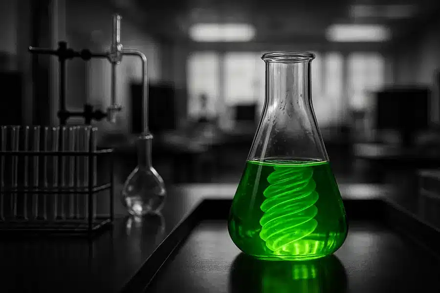 Foreground laboratory equipment, specifically a beaker with a green liquid.