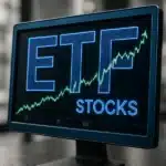 A digital display showing 'ETF Stocks' with financial graphs, set in a modern, high-tech environment.