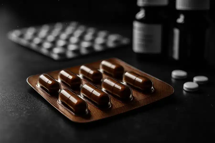 Array of blister packs containing various colored pills laid on a table.