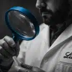 A scientist wearing a Lilly-branded lab coat using a magnifying glass.