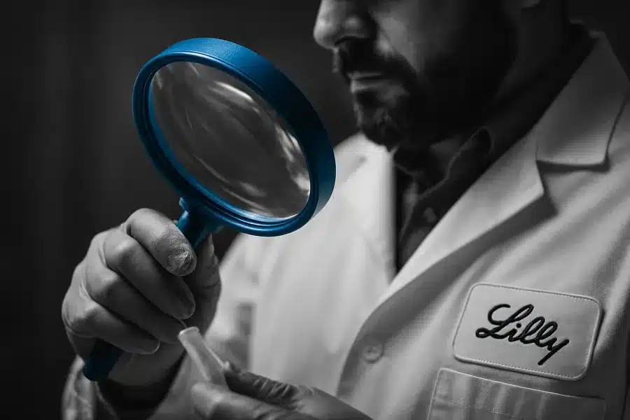A scientist wearing a Lilly-branded lab coat using a magnifying glass.