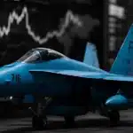 Military aircraft amidst digital data displays.