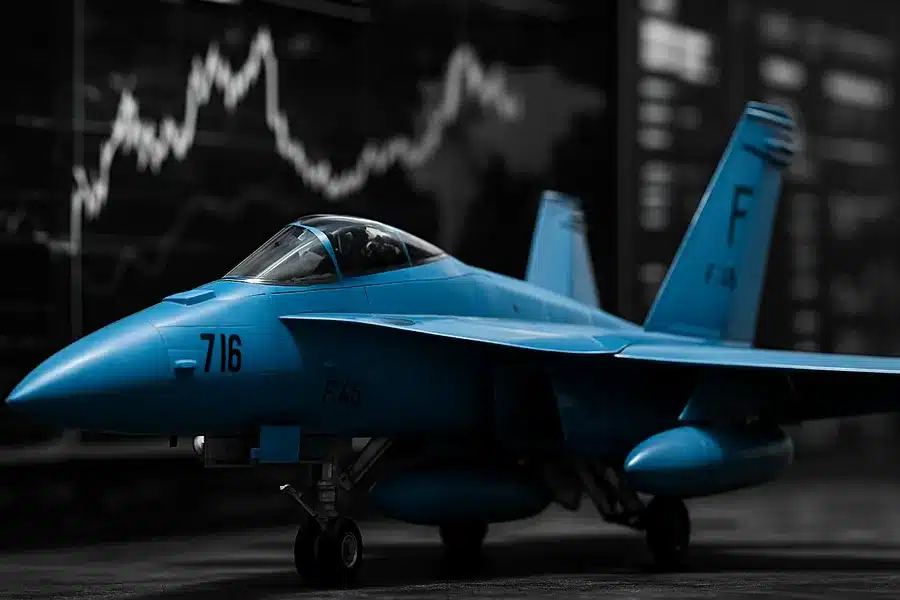 Military aircraft amidst digital data displays.