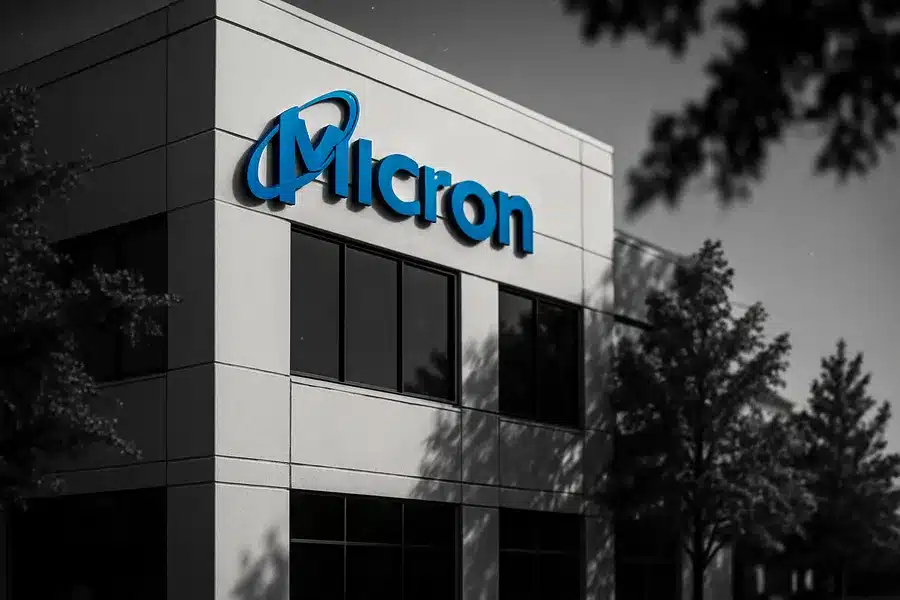 Exterior of Micron's building with company logo visible.