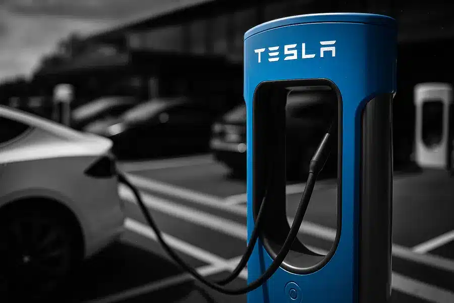 Tesla cars charging at a Tesla Supercharger station.