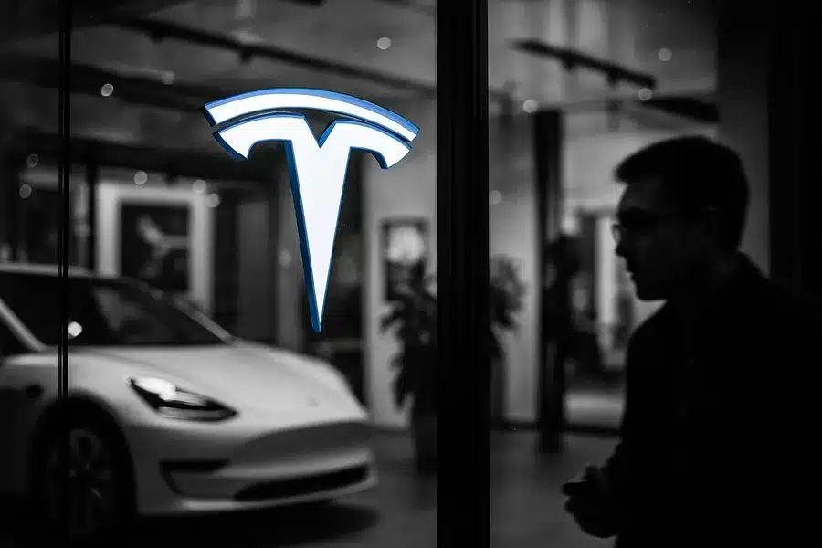 Tesla showroom with a visible car and brand logo